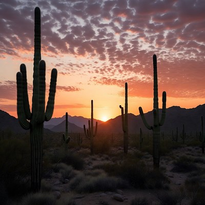 Saguaro Cacti at Sunset