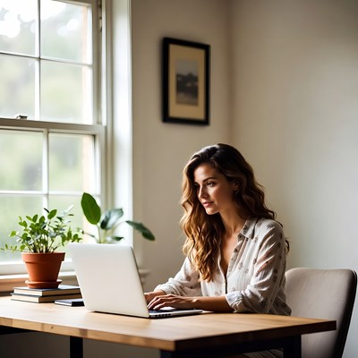 Woman working on laptop at desk