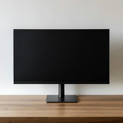 Black monitor on wooden desk