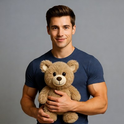 Handsome man holding teddy bear