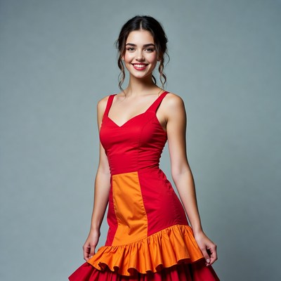 Woman in red orange ruffled dress