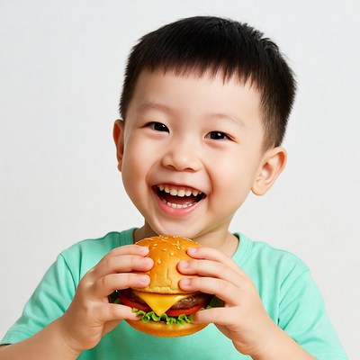 Asian boy holding toy burger