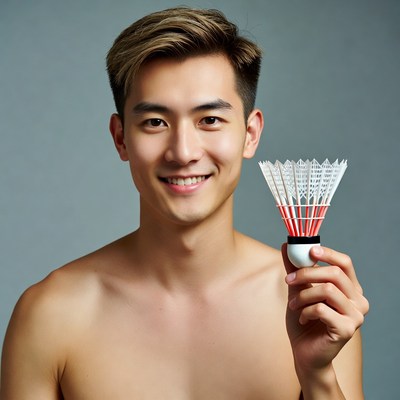 Asian man holding badminton shuttlecock
