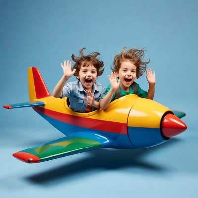 Two happy kids riding toy airplane