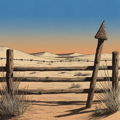 Barbed Wire Fence in Desert Sunset