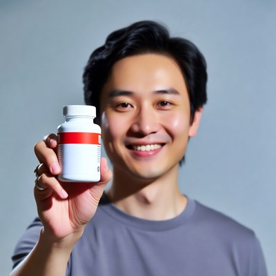Asian man holding supplement bottle