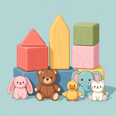 Colorful Toy Animals and Blocks