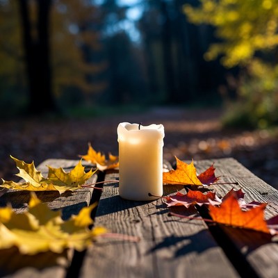 Candle with autumn leaves on wooden table