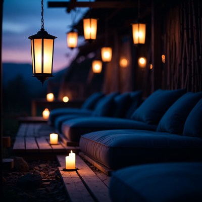 Outdoor Wooden Lounge with Hanging Lanterns