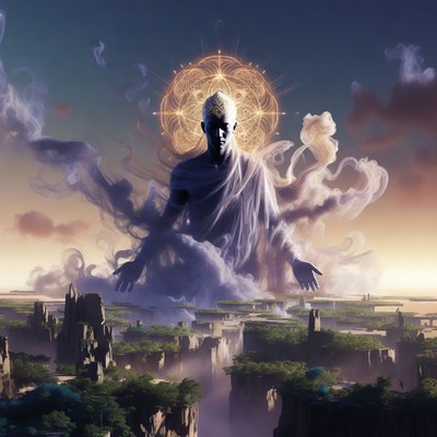 Floating Enlightened Buddha in Clouds