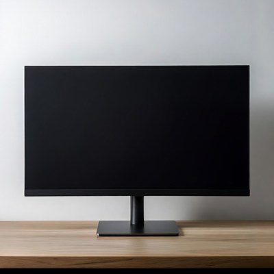 Black monitor on wooden desk