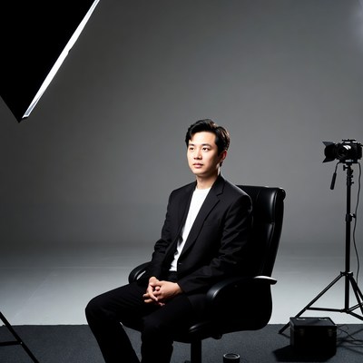 Asian man in suit on studio chair
