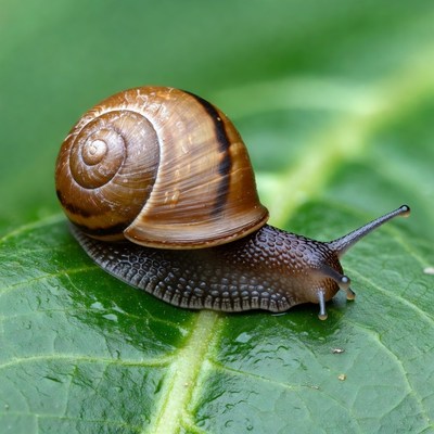 Snail on green leaf