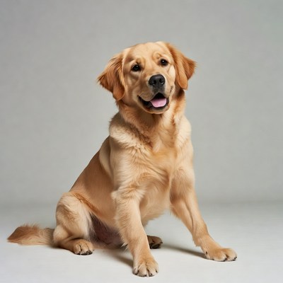 Golden Retriever sitting on gray background