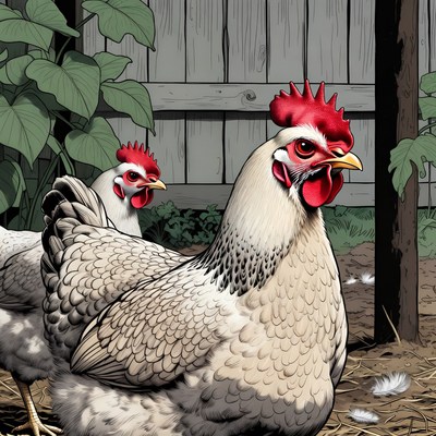 Two white hens by wooden fence