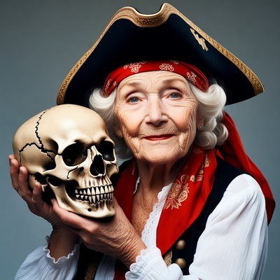 Elderly woman holding pirate skull