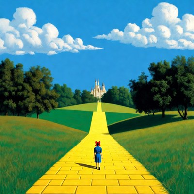 Girl walking yellow brick road to castle