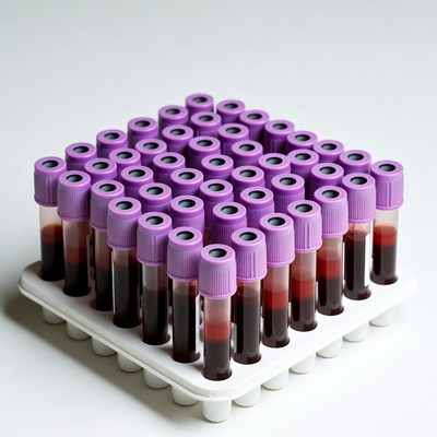 Purple blood sample tubes in rack