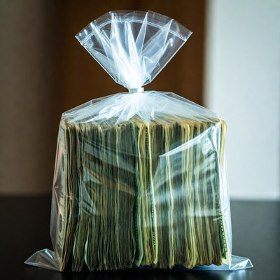 Stack of Cash in Plastic Bag