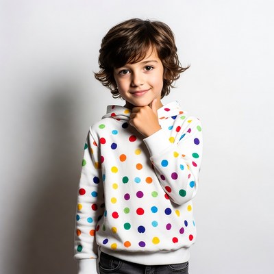 Boy in colorful polka dot hoodie
