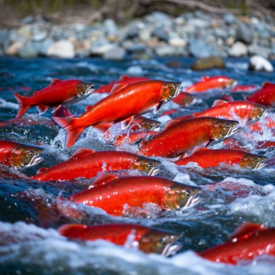 Sockeye Salmon Swimming Upstream River
