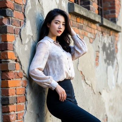 Asian woman leaning against brick wall