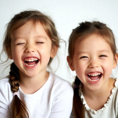 Two Asian girls laughing happily
