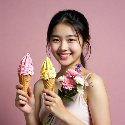 Asian girl holding pink yellow ice cream cones