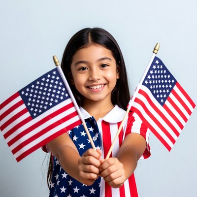 Asian girl holding American flags
