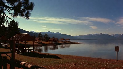 Lake picnic area with mountains