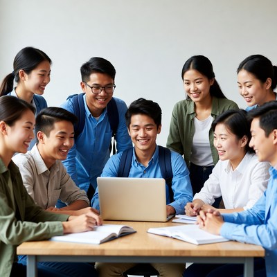Asian students collaborating on laptop