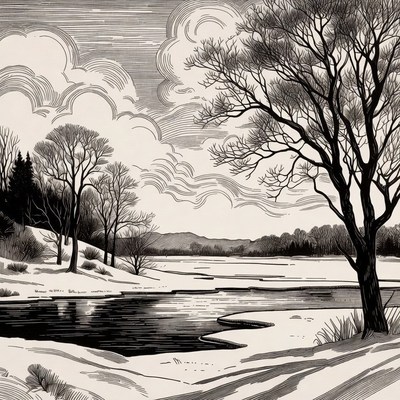 Winter Landscape with Trees and Frozen River