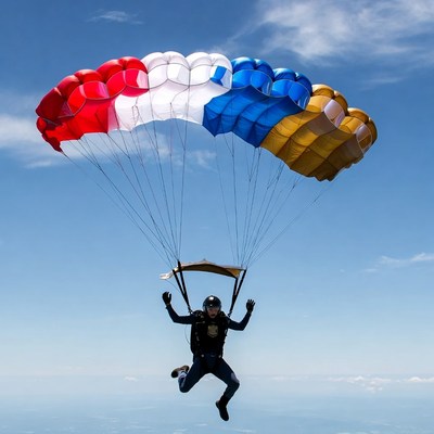 Man skydiving with colorful parachute