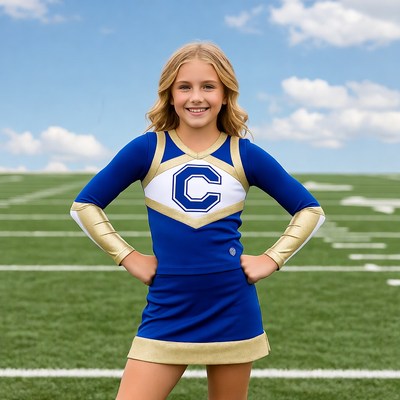 Blonde cheerleader girl on football field