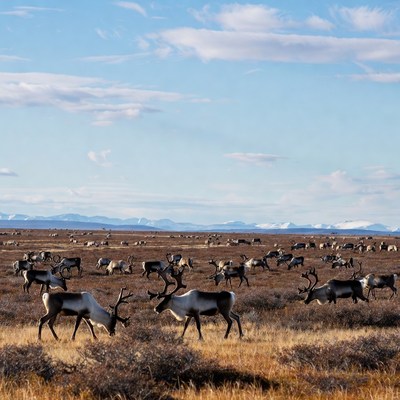 Herd of Reindeer in Tundra Landscape