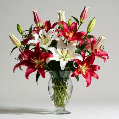 Red and White Lilies Bouquet in Vase