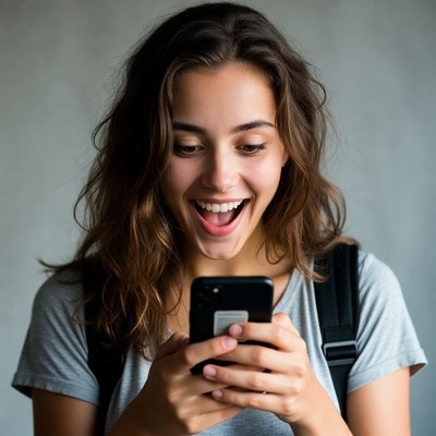 Young woman smiling at smartphone