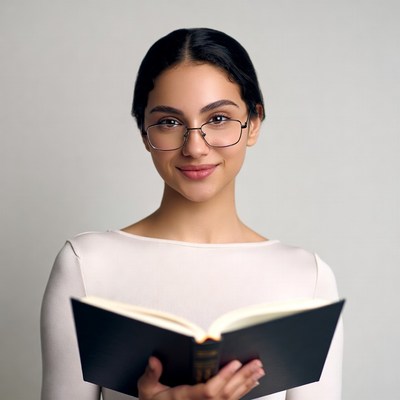 Young woman reading book with glasses