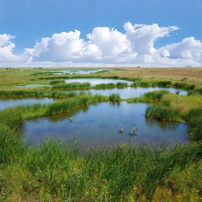Ducks in wetland marsh under blue sky