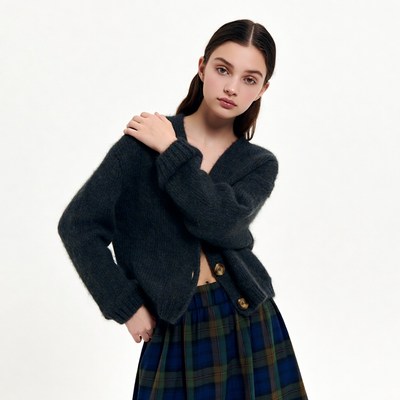 Teen girl in black sweater plaid skirt
