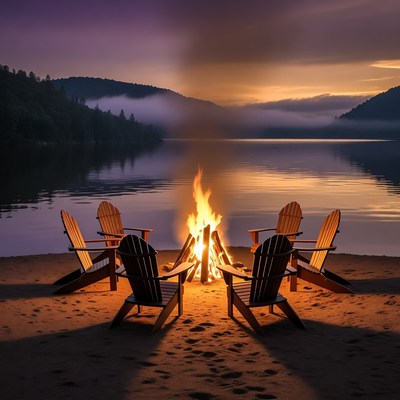 Campfire chairs on lakeside beach sunset
