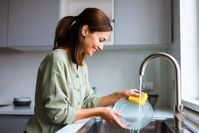 Woman washing dish in kitchen sink