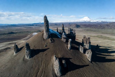 Reynisdrangar Basalt Sea Stacks Aerial View