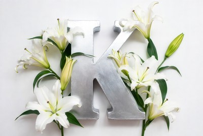 Silver K Letter with White Lilies