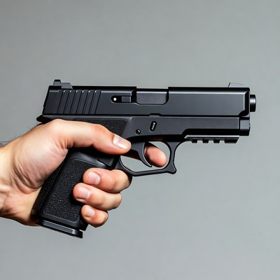 Man's hand holding black pistol