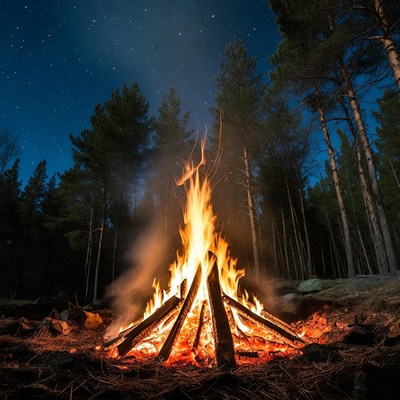 Campfire Burning in Pine Forest at Night