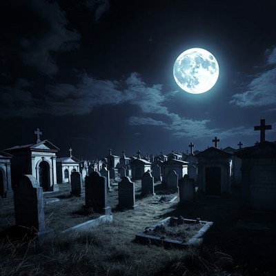 Moonlit Cemetery with Tombs and Crosses