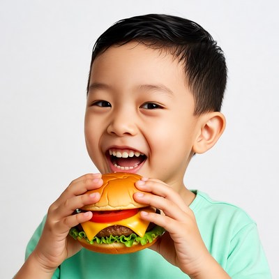 Asian boy eating toy burger