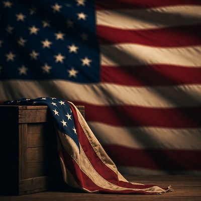 American Flag Draped on Wooden Crate