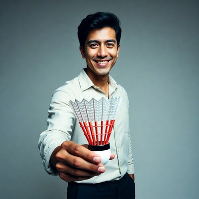 Asian man holding badminton shuttlecock